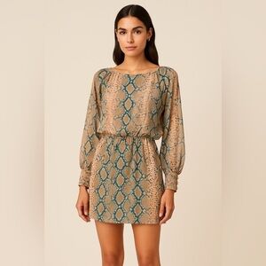 Karina Grimaldi Silk Snake Print Mini Dress Sheer Layer Sleeves Whimsy Romantic